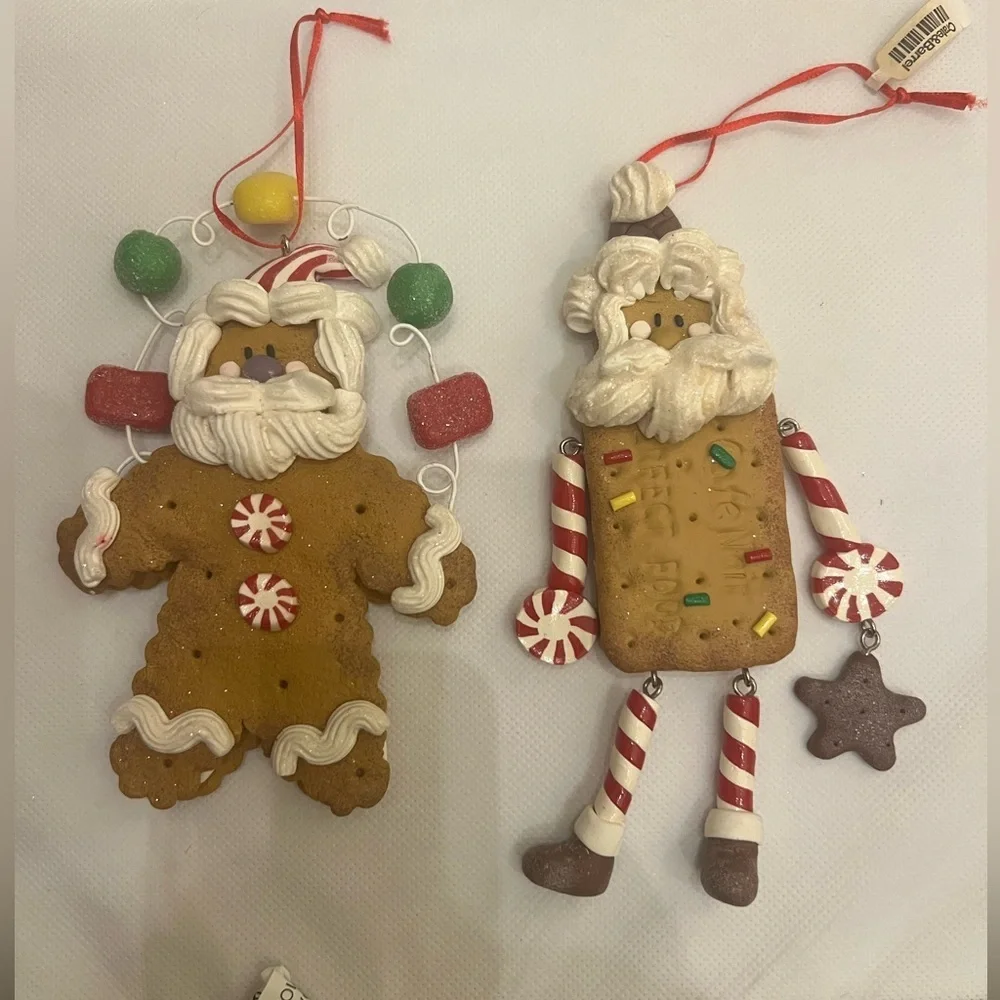 Set of 2 Santa gingerbread ornaments icing gumdrop crate & barrel peppermint